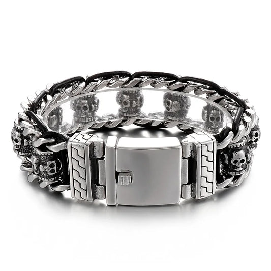 KALEN Mens Stainless Steel&Cowhide Link Bracelet With Punk Skull Pattern Charms