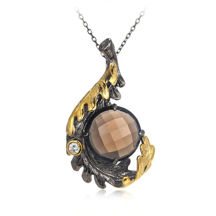 New Design Smoky Quartz Classic Sterling Silver 925 Gold Plated Pendants Women Jewelry with White Zircon Perfect Brand Gift