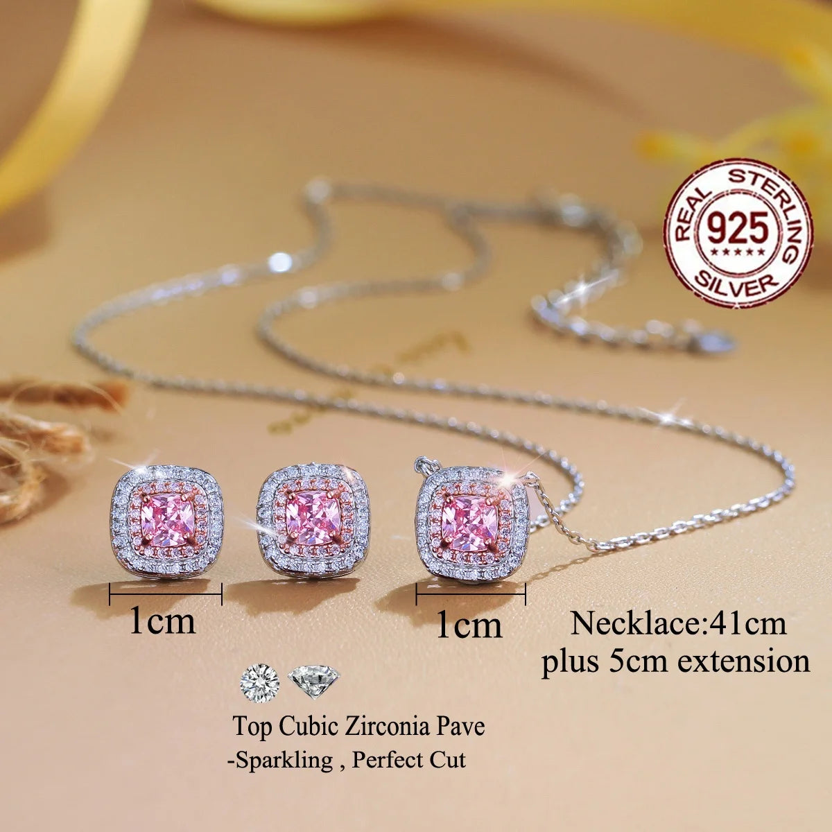 2 Tones Plated Pendant Necklace and Earrings S925 Sterling Silver Jewelry Pink Color Cubic Zircon Jewelry Set for Mothers Day