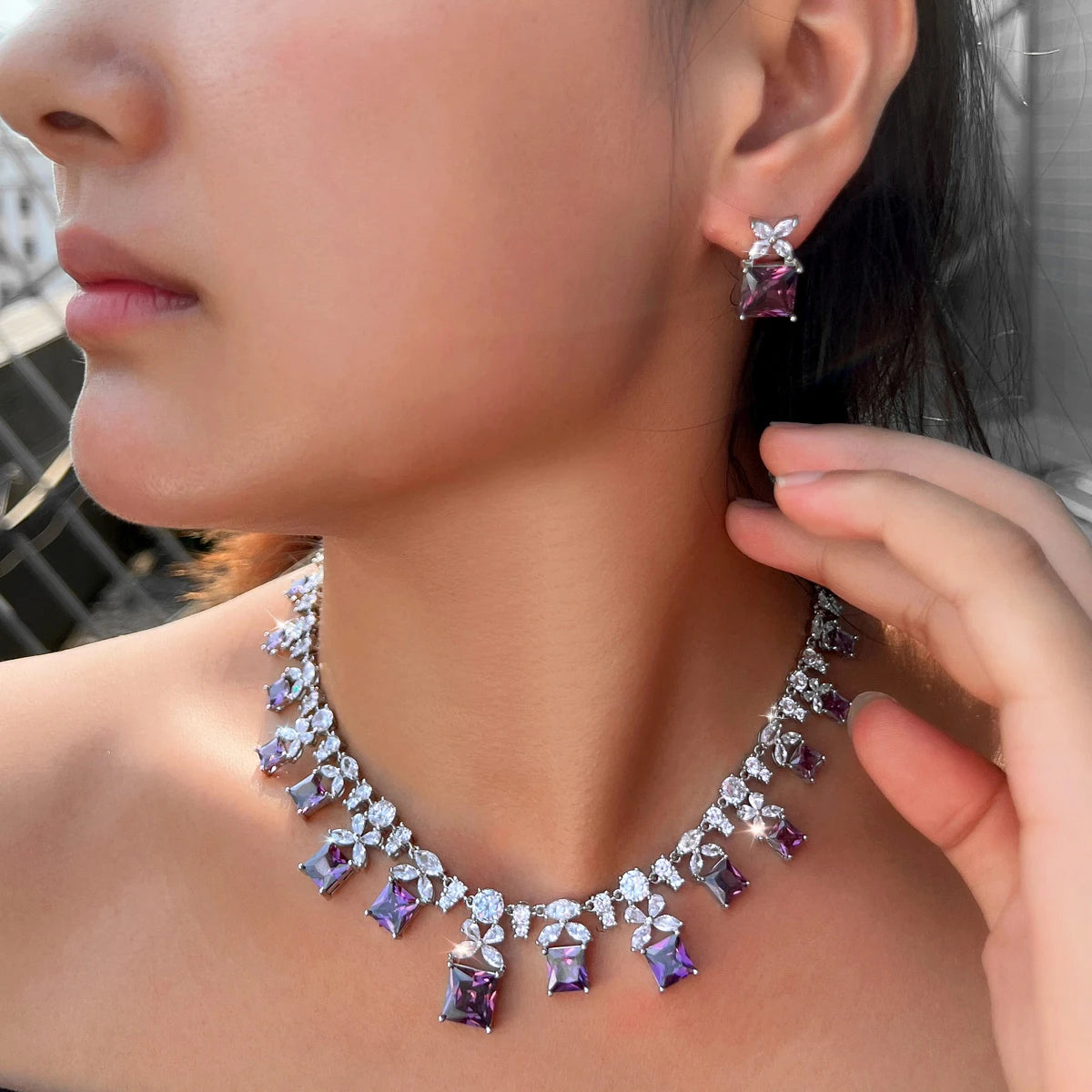 Wholesale Luxurious Designs Square Cubic Zircon Bridal Purple Jewelry Set for Women Anniversary Wedding Party Dress Accessories