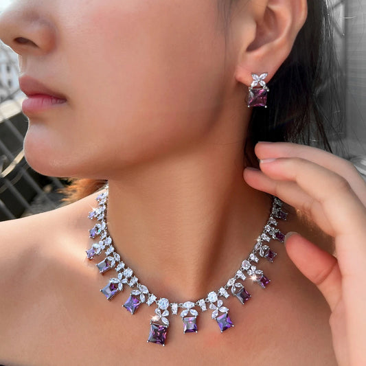 Wholesale Luxurious Designs Square Cubic Zircon Bridal Purple Jewelry Set for Women Anniversary Wedding Party Dress Accessories