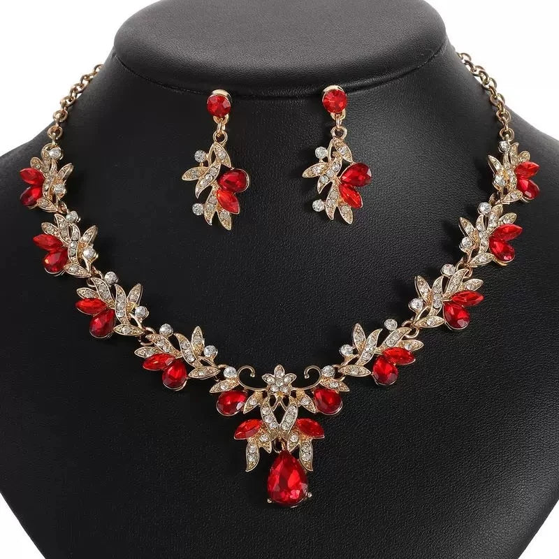 XM S391 Gold Plated Marquise Zircon Rhinestone Floral Necklace & Earrings Bridal Set