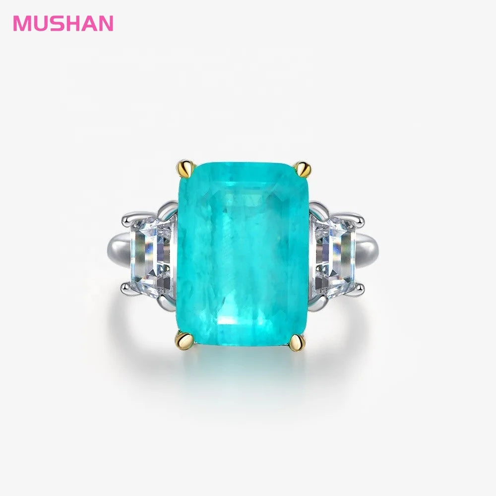 MUSHAN Luxury 925 Sterling Silver Synthetic Paraiba Rectangular 8ct Blue Gemstone Pave Setting Ring for Women Party Anniversary