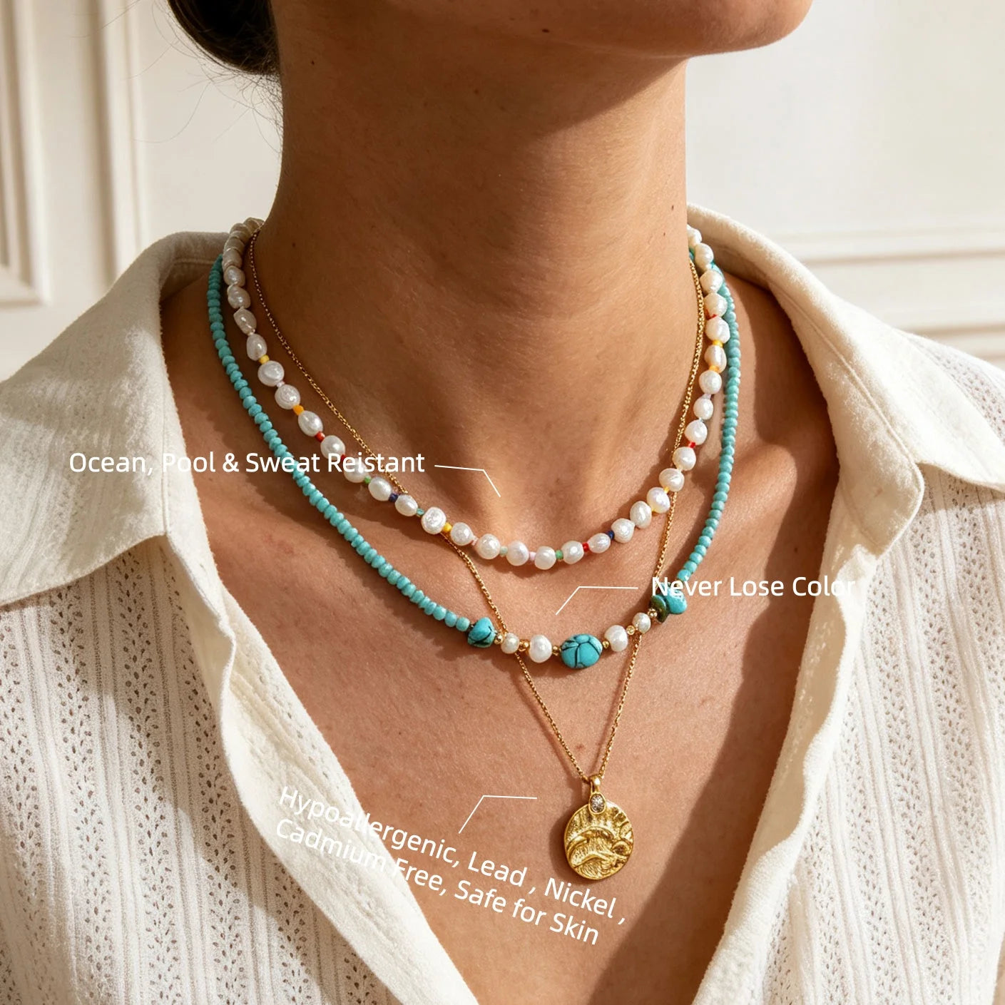 Joolim PVD Plated Wholesale Waterproof Fashion Boho Mixed Turquoise Chip & Pearl Bead Necklace Stainless Steel Jewelry