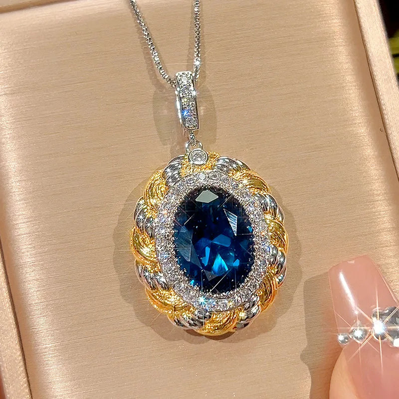 Gemfiori Fashionable Oval Red Blue Zircon Pendant Retro Wedding Bride Engagement Jewelry Set