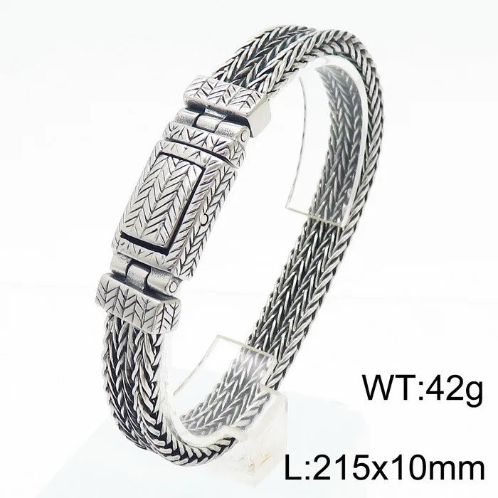 KALEN Men Punk 215mm Stainless Steel Leaf Mark Herringbone Links Bracelet