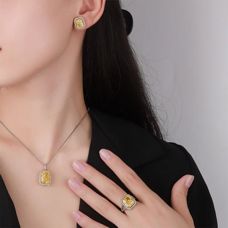 Gemfiori Small Square Sugar Necklace Sunset Sugar Light Luxury Elegant Premium Ice Sugar Jewelry Set