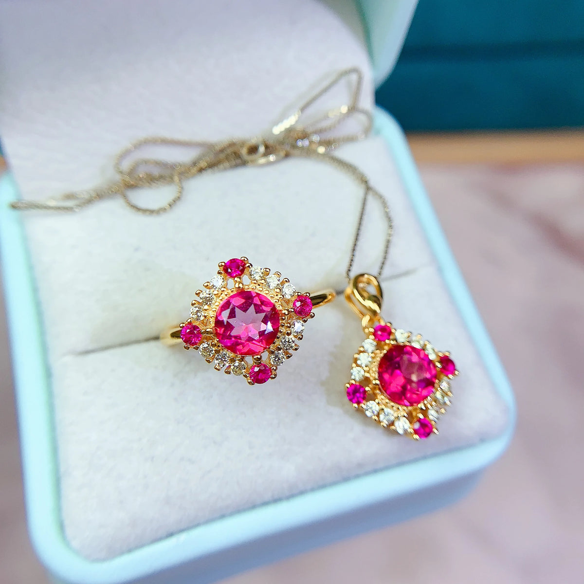 S&S Pink Topaz 925 Silver & Gold-Plated Jewellery Set | Ring, Earrings & Necklace | S&S Collection
