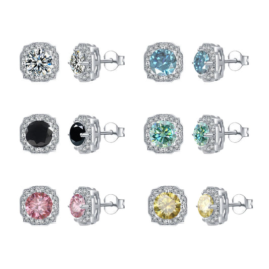 Gioiellieri S33A Abiding Vintage Halo Design Custom Colored Moissanite S925 Round 5MM 1CTW Green Blue Pink Yellow Moissanite Stud Earrings