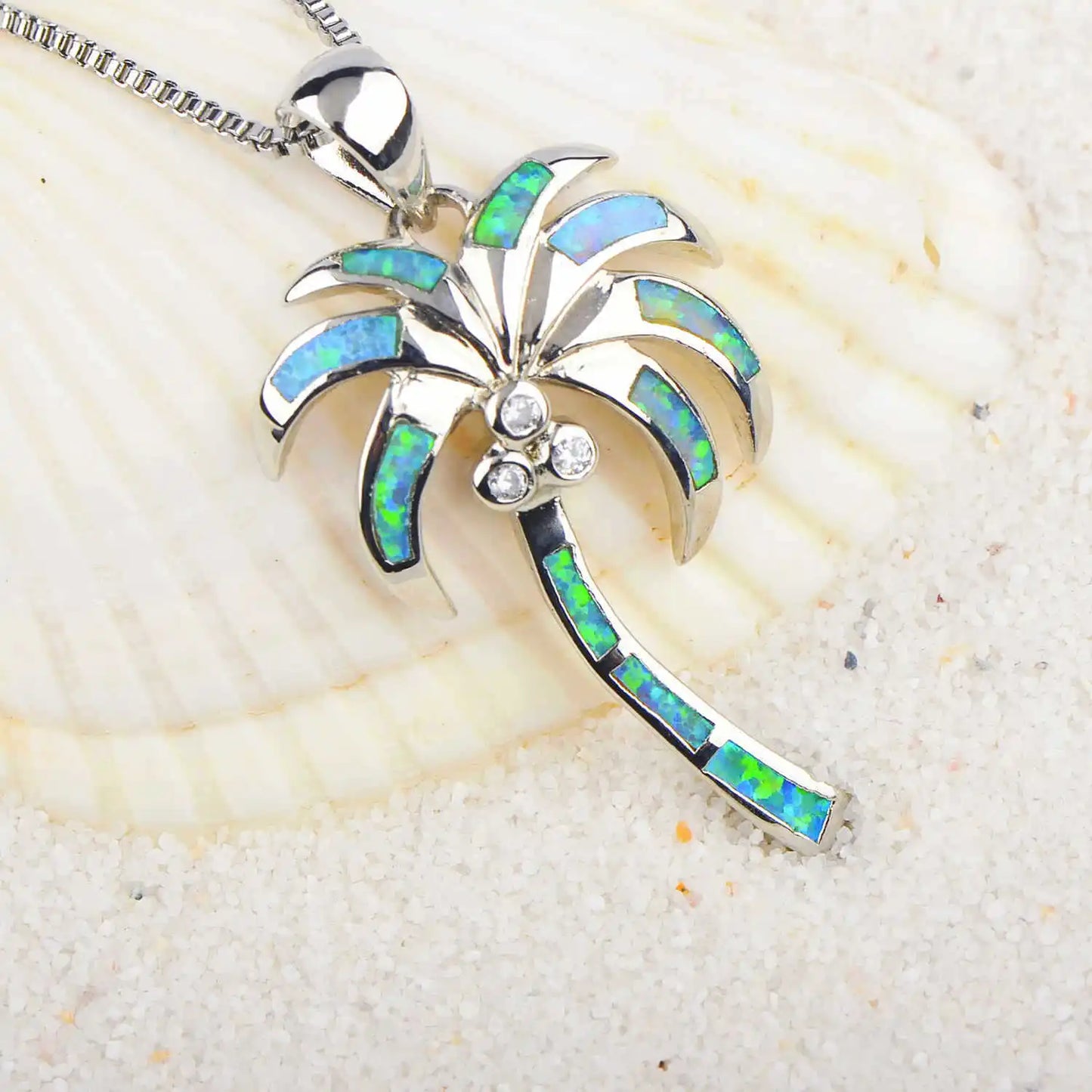 Tropical Vibes Green Opal Christian Copper Sweater Chain Necklace | TikTok Viral Coconut Tree Pendant for Women