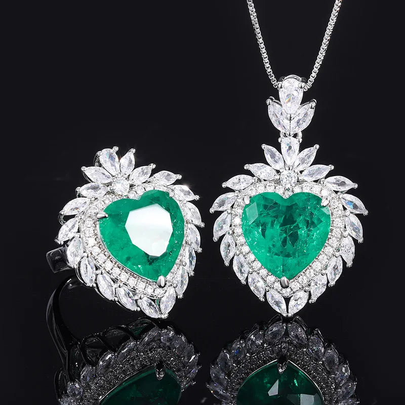 Gemfiori Fancy Radiant Cut Romantic Heart Ring Luxury 15*15MM Crystal Heart Design Pendant Necklace Women Wedding Party Jewelry Sets Gift