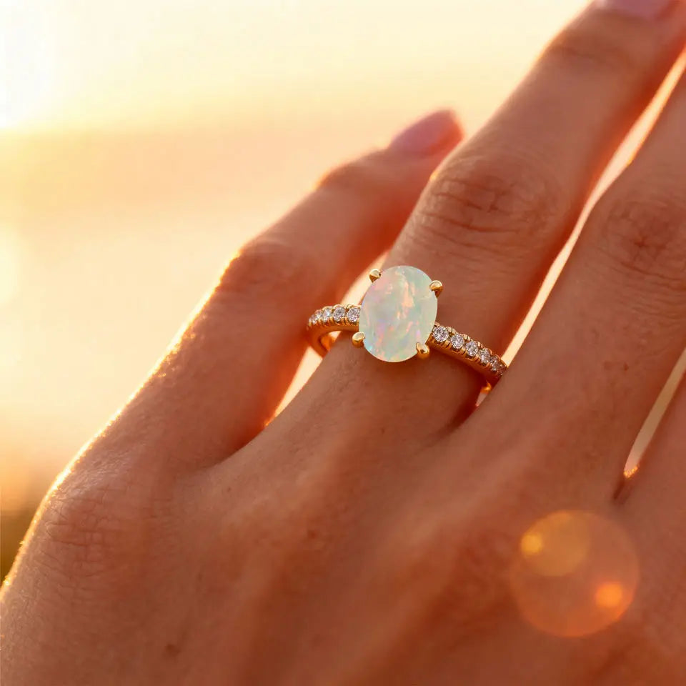 Unique Design Oval Shape Natural Ethiopian Opal Gemstone Ring Pure 14K Gold Rhodium Plated Adorned Genuine IGI Diamonds