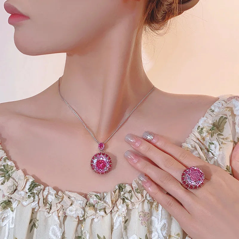 REDheart Fashion Copper Inlaid Zircon Opening Ring Rose Red Zircon 18K Gold Plated Flower Design Light Luxury Women's Pendant Jewelry Set