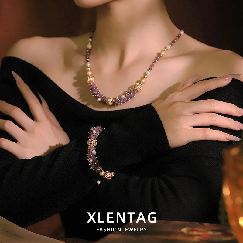 Natural Freshwater Pearl Amethyst Copper Beads Set Luxury Design Wedding Banquet Women Jewelry GS0212