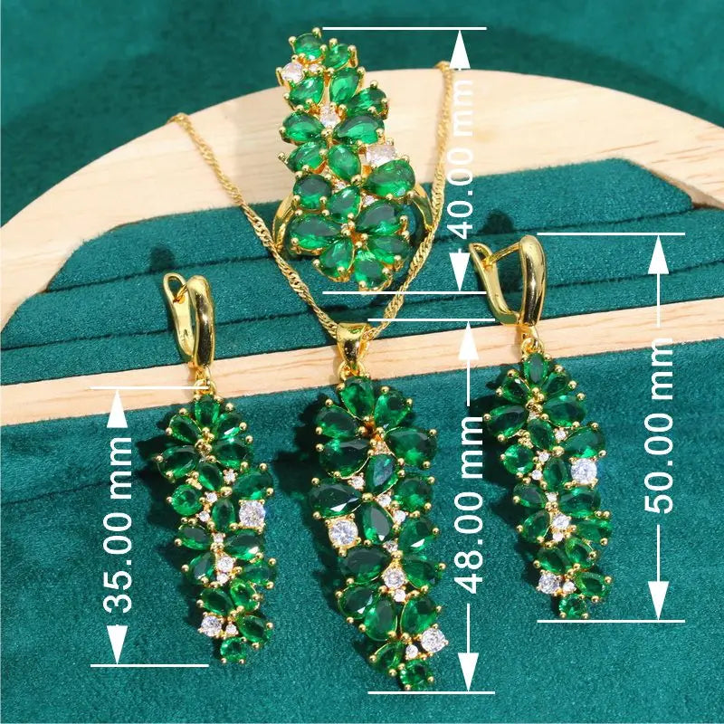 XOTICA Exquisite Green Zircon Gold Color Jewelry Set for Women Banquet Bracelet Earrings Necklace Pendant Ring for Wedding or Party