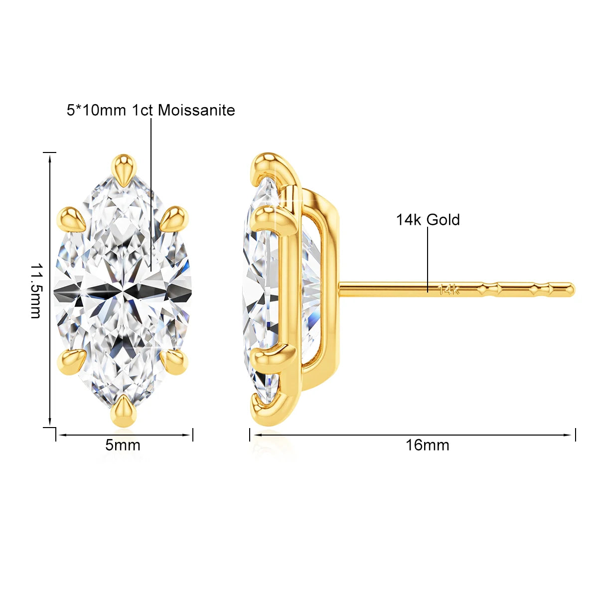 Gioiellieri Classic Luxury Jewellery 6 Prongs Woman Birthday Gift 14K Gold Marquise Cut Moissanite Diamond 0.5ct 1ct 2ct Stud Earrings