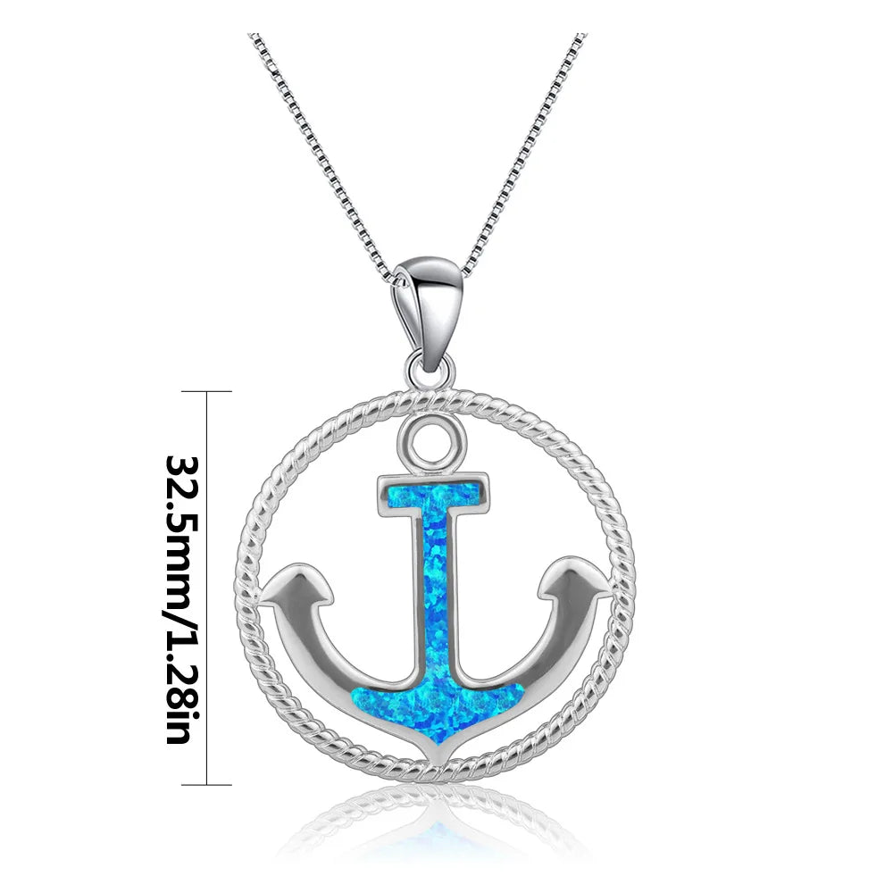 Trendy Sea Style Opal Pendant Necklace  Blue Gem Anchor Jewelry for Beach Outfits
