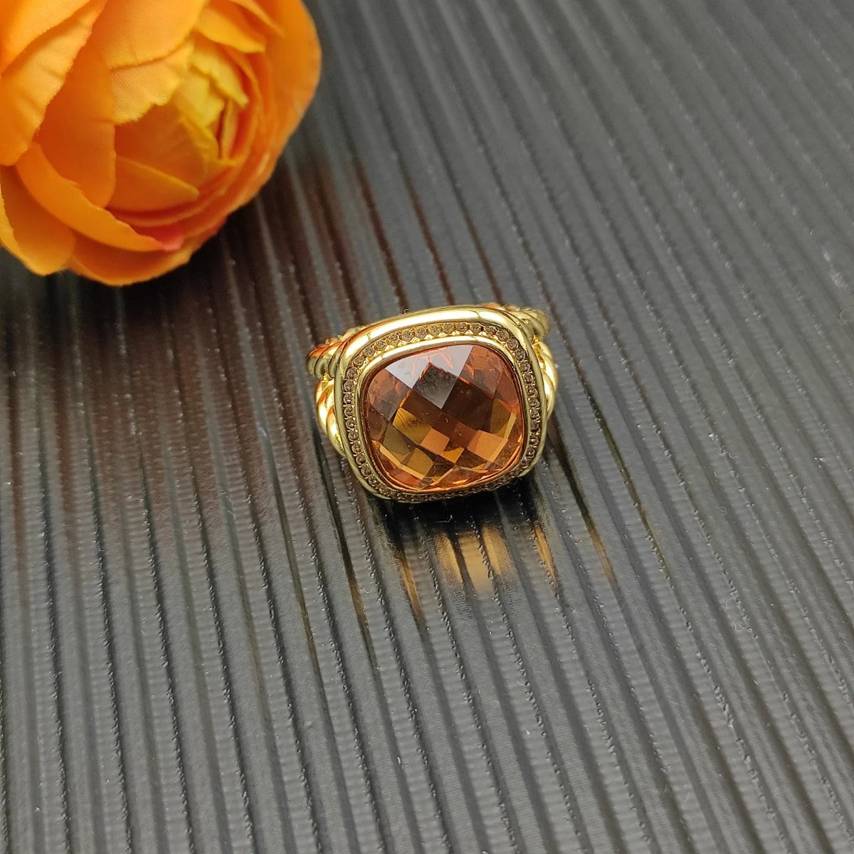 FASHIONISTA DY High-Quality Silver-Plated 14mm Square Diamond-Set Ring, Gold-Plated Colored Gemstone-Set Ring, Jewelry