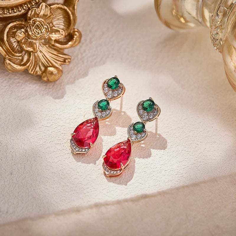 Luxury Palace Style Red and Green Gemstone Jewelry Set Rose Gold Necklace Earrings for Wholesale Bride Dinner Dress Accessories