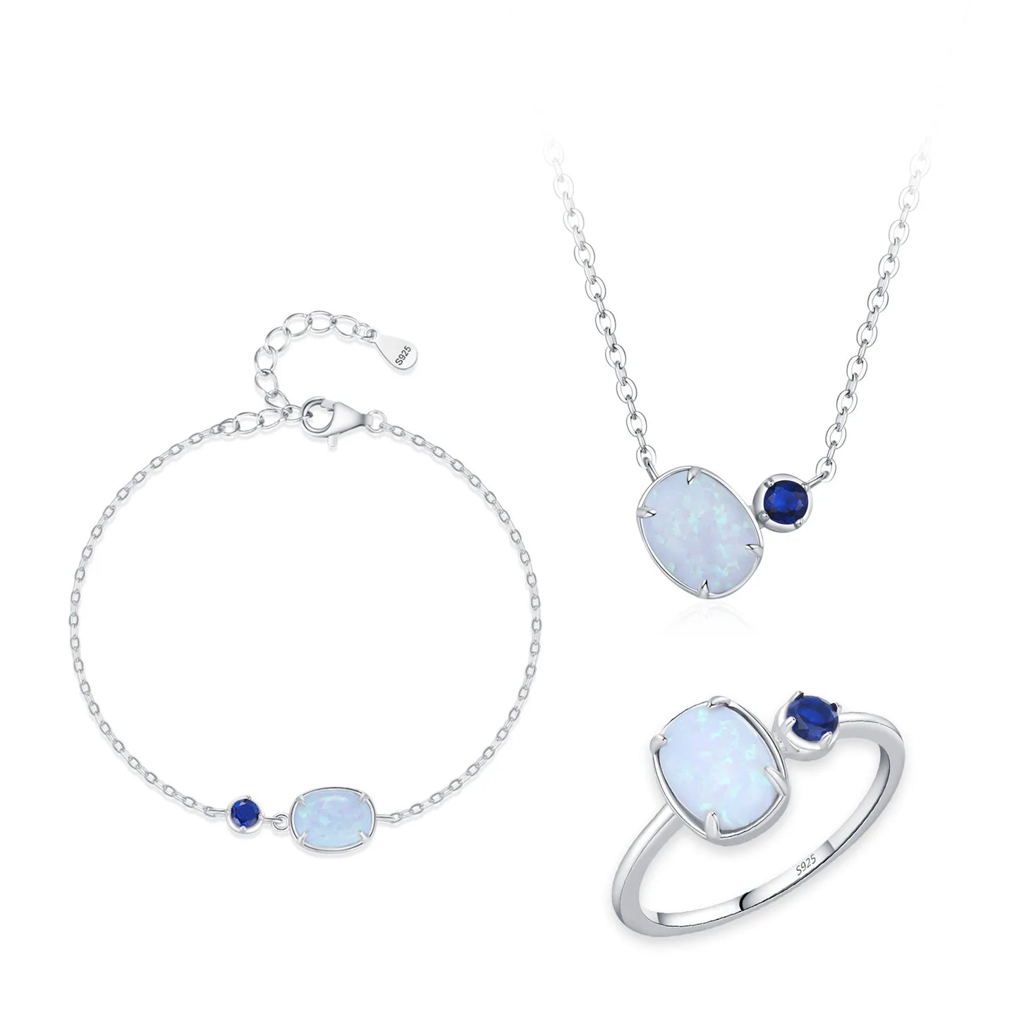 925 Sterling Silver Opal Stone Ring Bracelet Necklace Fashion Temperament Three Piece Blue Jewelry Set Gift Set