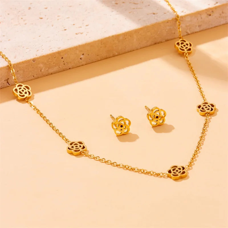 Gold Rose Flower Necklace, Earrings & Bracelet Jewellery Set | Romantic Luxury Set