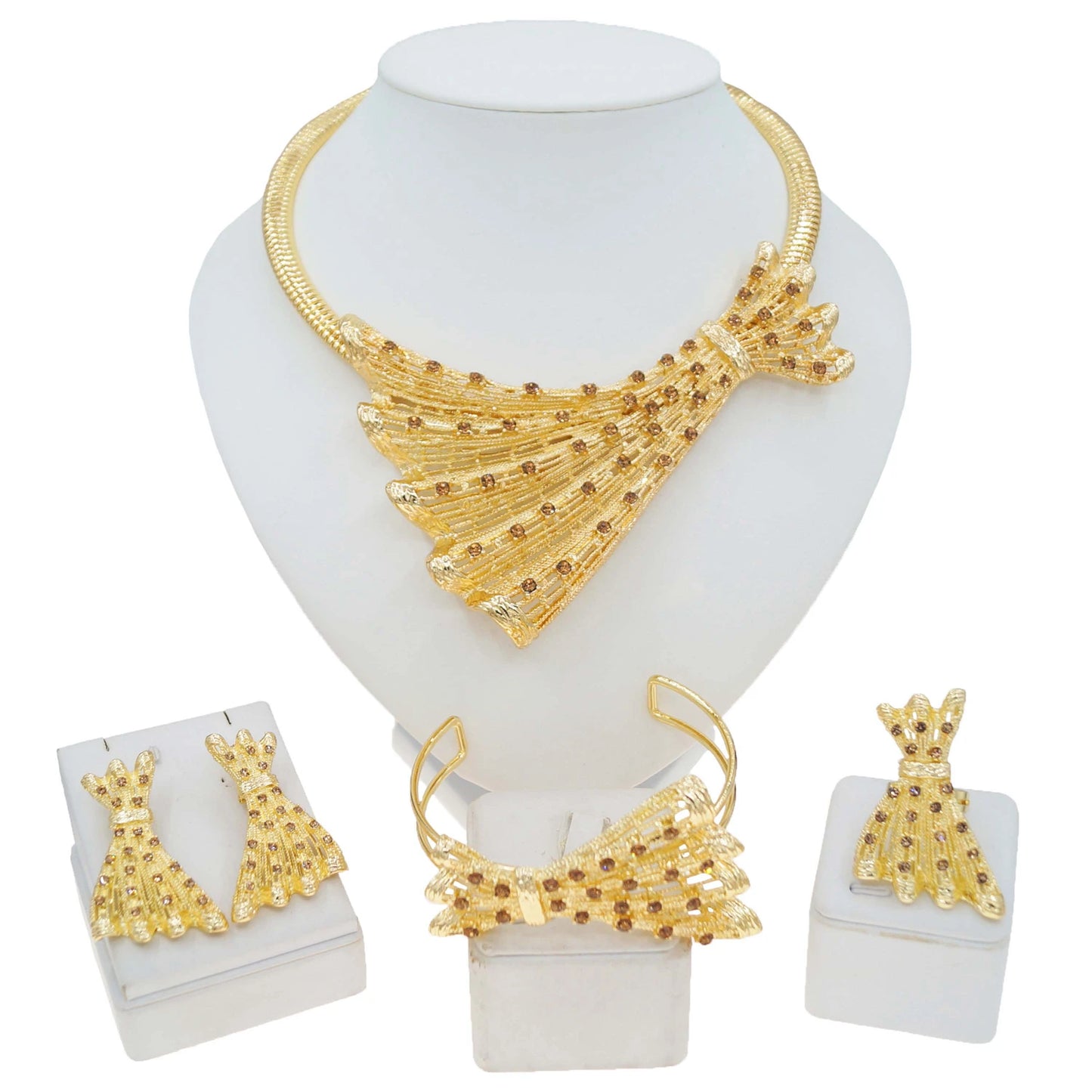 Zhuerrui Hot Selling Diamond Set High Quality Jewelry Set Brass Gold Plated Bow Earrings Dubai Wedding Jewelry Four SetsH00771