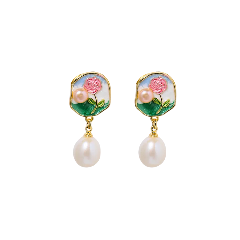 Natural Freshwater Pearl Rose Vintage Earrings Korean Style Women Luxury Jewelry Fashion Ladies and Girls Gift GE1568