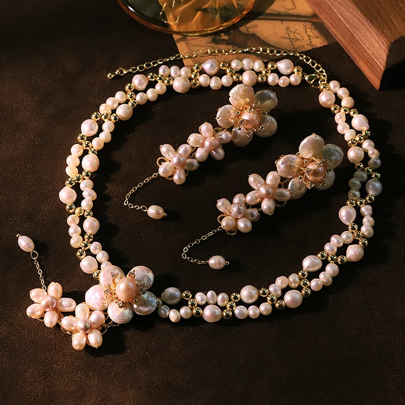 Natural Pearl Flower Necklace and Earrings Set Luxurious Design High-Quality Set for Banquet Wedding Women's Jewelry GS0227