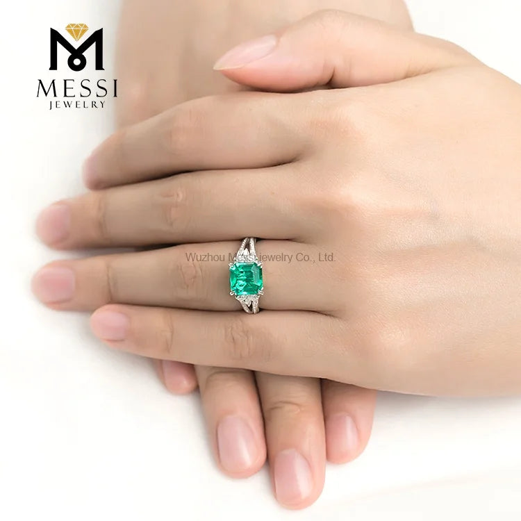 Gemfiori MS-230 Messi Jewelry Price 18k White Gold 3 Carat Asscher Cut Lab Created Emerald Engagement Ring
