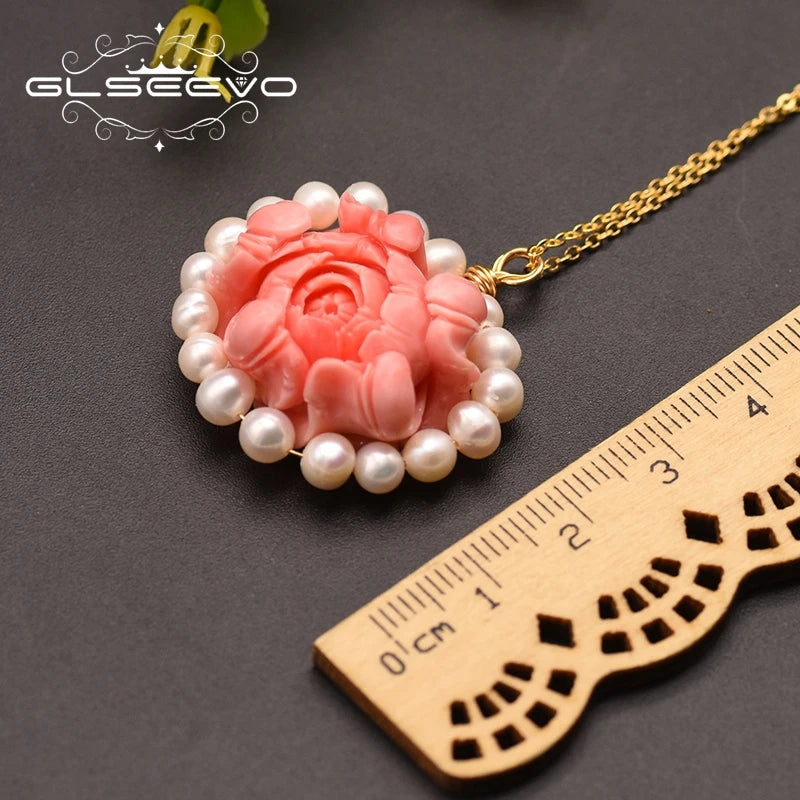 Coral Natural Freshwater Pearl Necklace 18k Brass Gold Plated Flower Elegant Luxury Necklace Jewelry Lover Engagement Gift