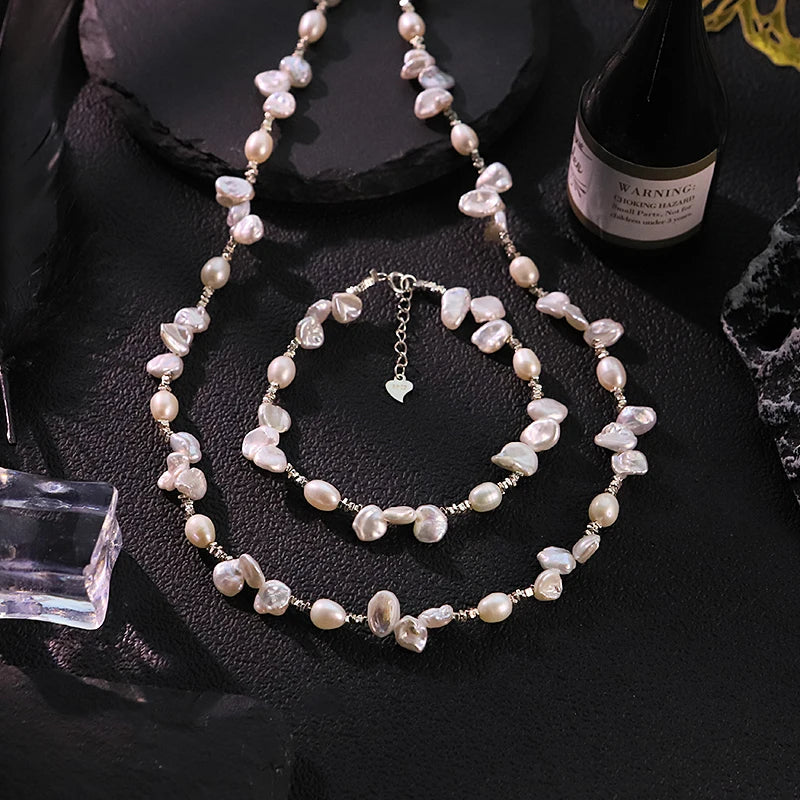 GLSEEVO Natural Freshwater Baroque Pearl Jewelry Set Irregular Pearl Necklace Bracelet  Gift for Date Bridal Fashion Jewelry