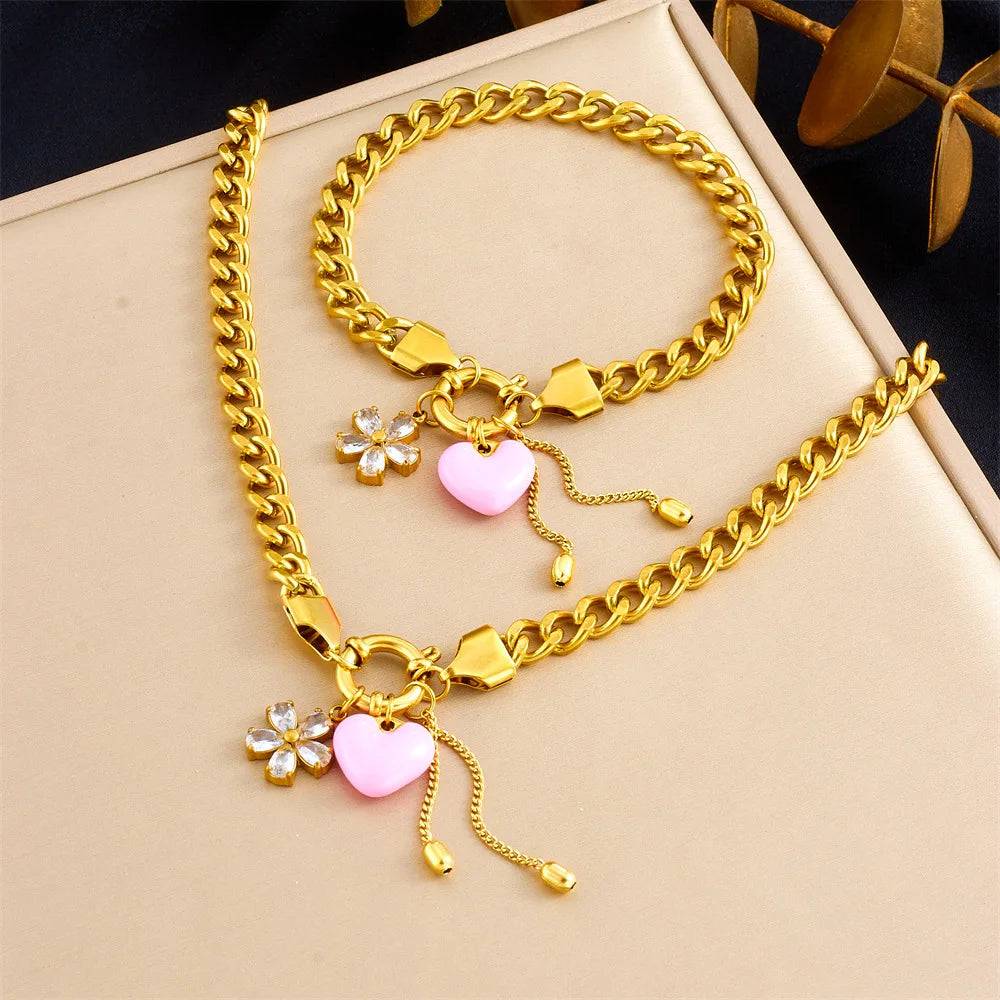 Hot Sell Fashion Stainless Steel Pink Heart Pendant Necklace and Bracelet Set Women Gold Jewelry Set