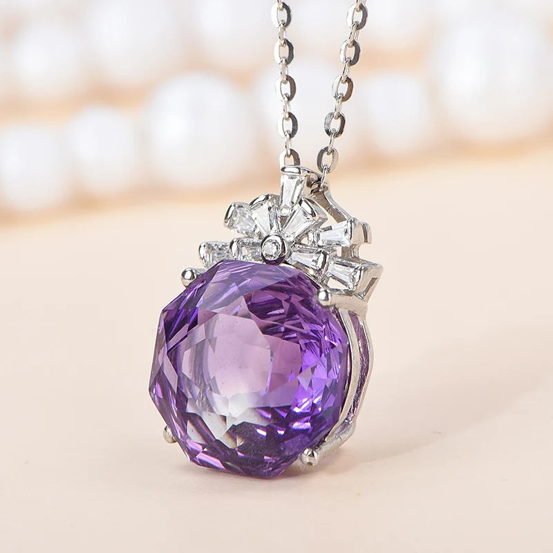 Gioiellieri High-Grade S925 Sterling Silver Natural Crystal Amethyst Rose Cut Pendant Necklace Claw Setting Rhodium Plated Third Party