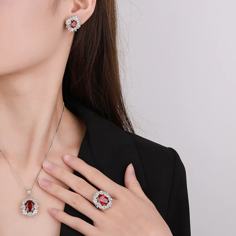 Gemfiori New Jewelry Pomegranate Red Sunflower Pendant Jewelry Hot Selling Zircon Ring Earring Set Holiday Gift