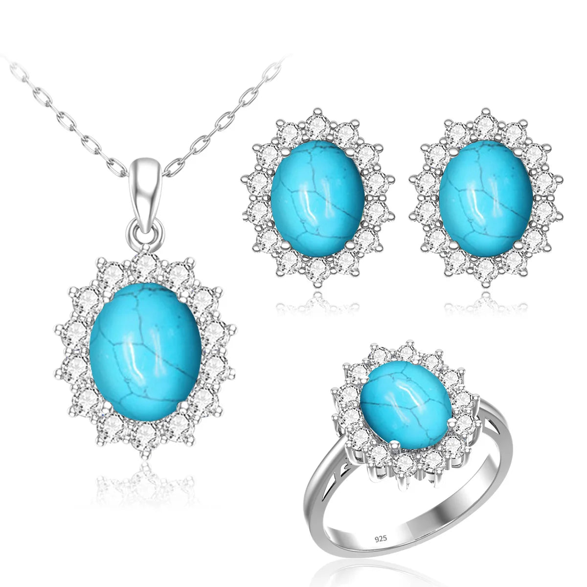 ArtistA Luxury Bridal Jewelry Set 925 Sterling Silver Sapphire Halo Ring Earrings Pendant for Women's Wedding Jewelry