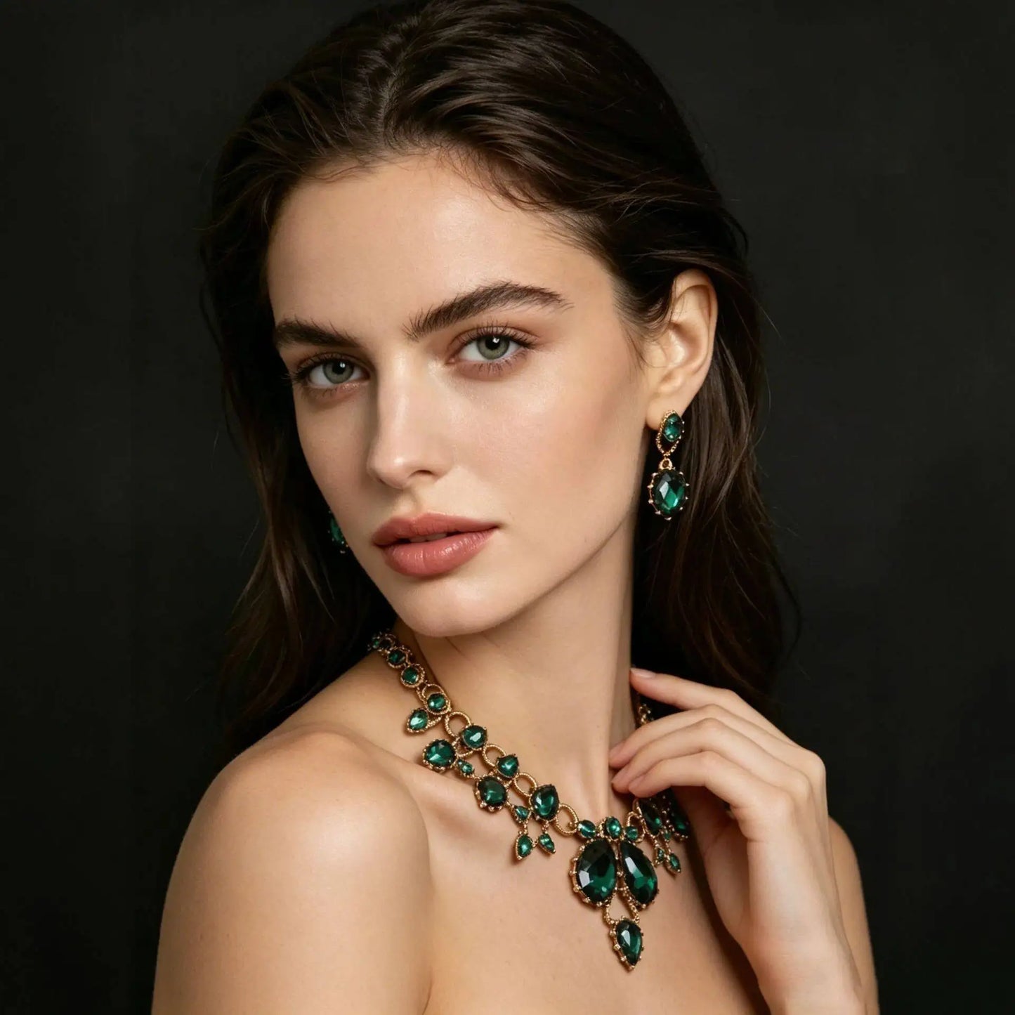 XM S394 Gold Plated Marquise Topaz Sparkling Floral Necklace & Earrings Bridal Set