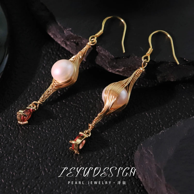 Natural Freshwater Pearl Zircon Wire Wrapped Earrings New 18k Gold Plated Earrings Banquet Gift Women's Jewelry GE1801