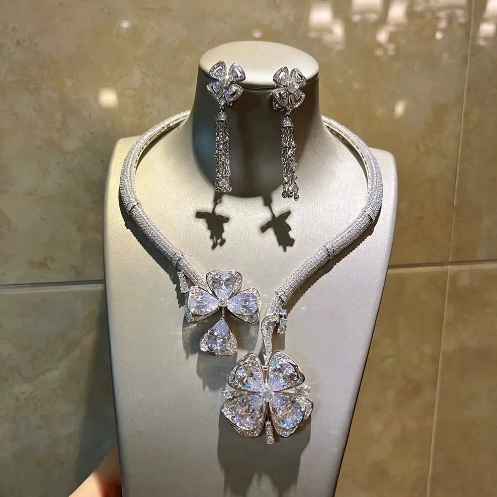 XM S294 Silver Plated Princess Cut Cubic Zirconia Four Leaf Clover Statement Necklace & Earrings Bridal Set
