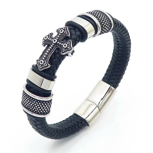 KALEN 210mm Men Vintage Multiple Style Stainless Steel&Cowhide Leather Bracelets