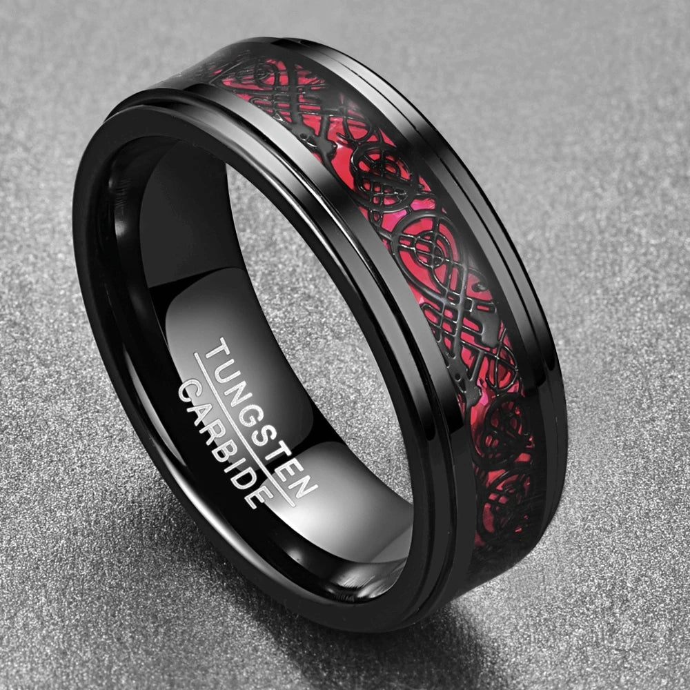 REBEL 8mm plated black step edge inlaid red fiber black dragon pattern men's tungsten steel steel ring jewelry
