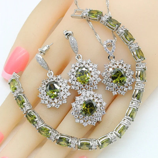 Green Peridot Silver Jewelry Set for Women Including Bracelet Earrings Necklace Pendant Ring for Wedding Valentine's Day Zircon