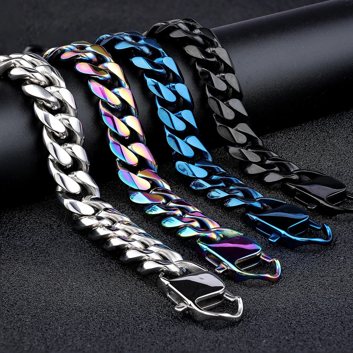 REBEL Custom LOGO Stainless Steel 14mm Black Rainbow Color Big Curb Cuban Miami Cuban Chain Bracelet for Men