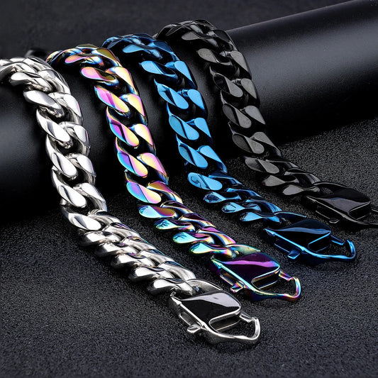 REBEL Custom LOGO Stainless Steel 14mm Black Rainbow Color Big Curb Cuban Miami Cuban Chain Bracelet for Men