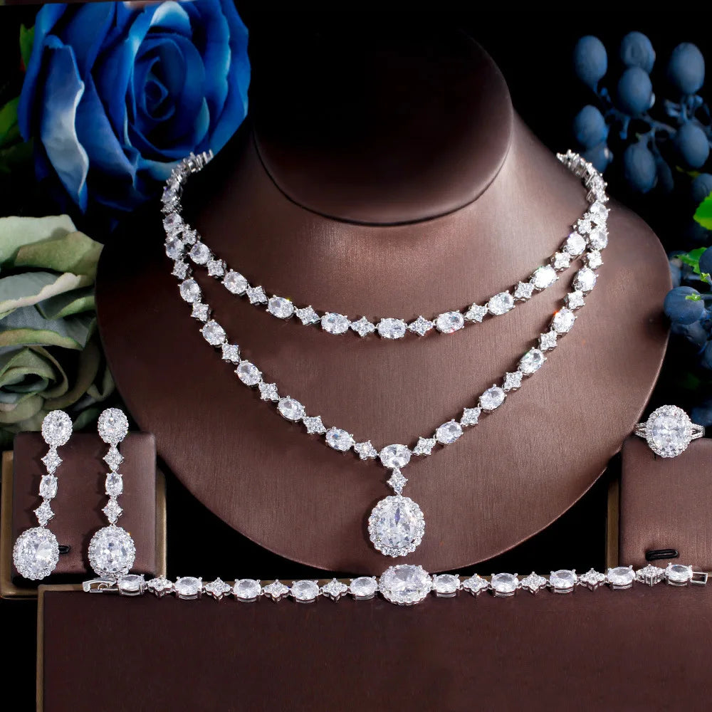 Read to Ship 4pcs Jewelry Sets Luxury Bridal White Zirconia Diamond Gorgeous 4 Pcs Jewelry Set