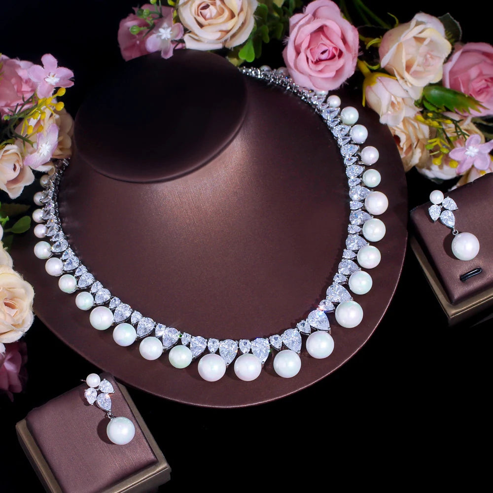 Bling Cubic Zirconia Big Simulated Pearl Necklace and Earrings Bridal Luxury Jewelry Set for Women Wedding Engagement Accessory