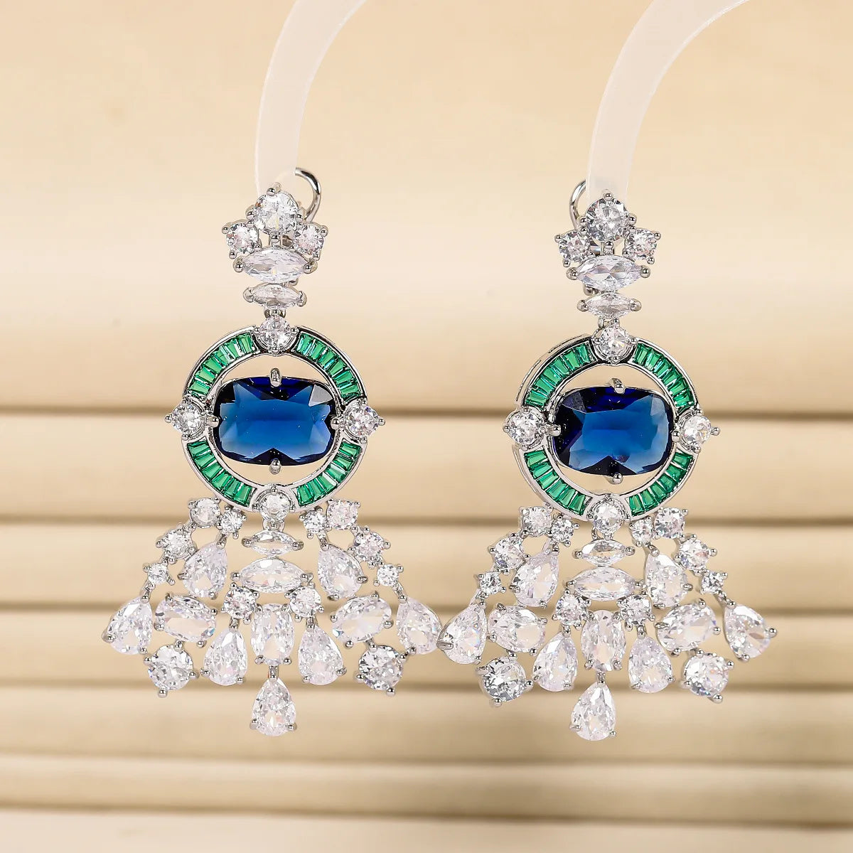 Vintage Emerald Green Zirconia Geometric Necklace & Earrings Set — Rhodium Plated