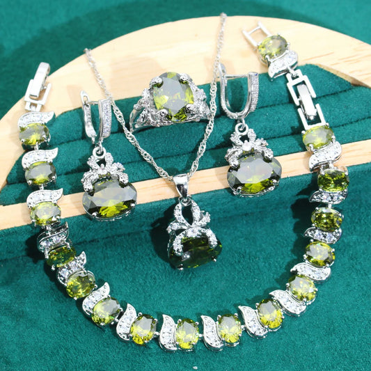 Classic 925 Silver Bridal Jewelry Set Women's Wedding Olive Green Zircon Bracelet Earrings Necklace Pendant Ring for Anniversary
