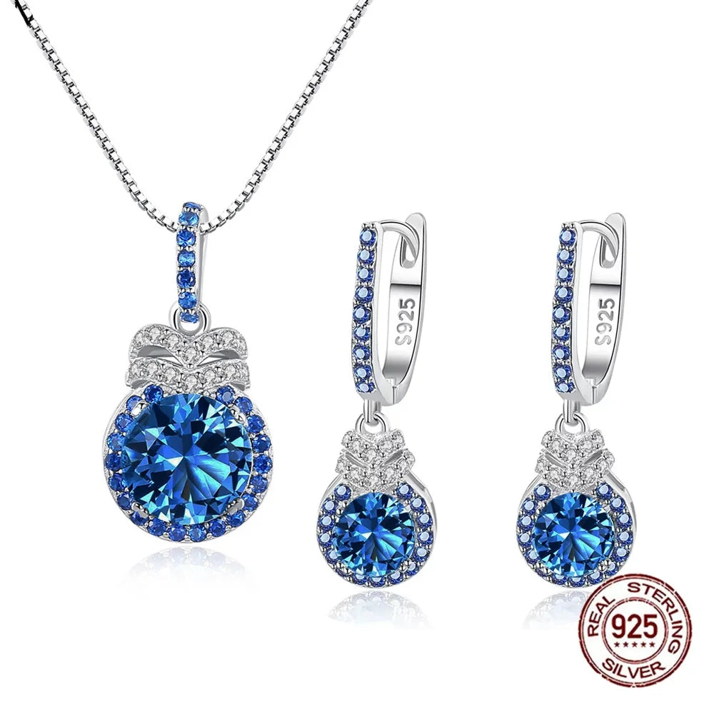 Exquisite S925 Sterling Silver Pendant Earrings CZ and Round Blue Synthetic Tanzanite Stone Jewelry Set for Women Daily Wear