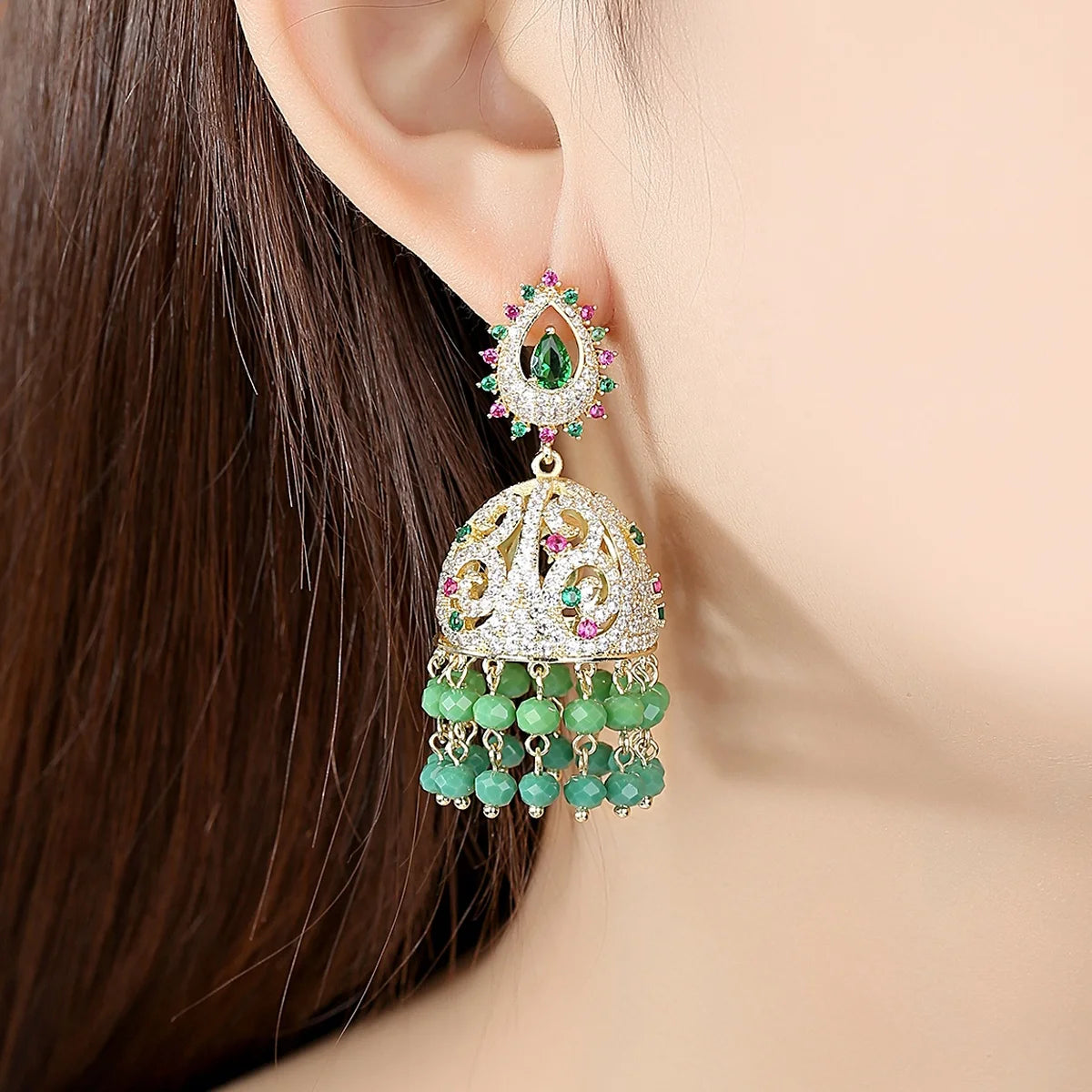 Vintage Gold Openwork Indian Jhumka Earrings Fashion Jewelry Women Party Wear Luxury Zirconia Teardrop Ear Stud Drop Earrings