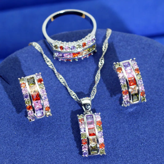 Bridal 925 Silver Jewelry Sets Multicolor Zircon Earrings Necklace Pendant Ring for Wedding Parties Engagements Women's Gifts